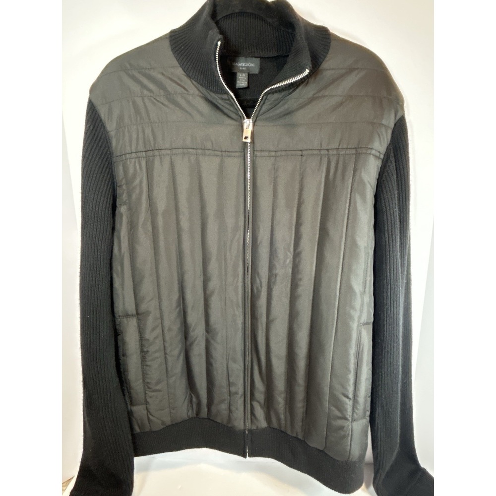 Magaschoni Mens Quilted Jacket Full Zip Sweater Back & Sleeves Black Wool‎ Blend